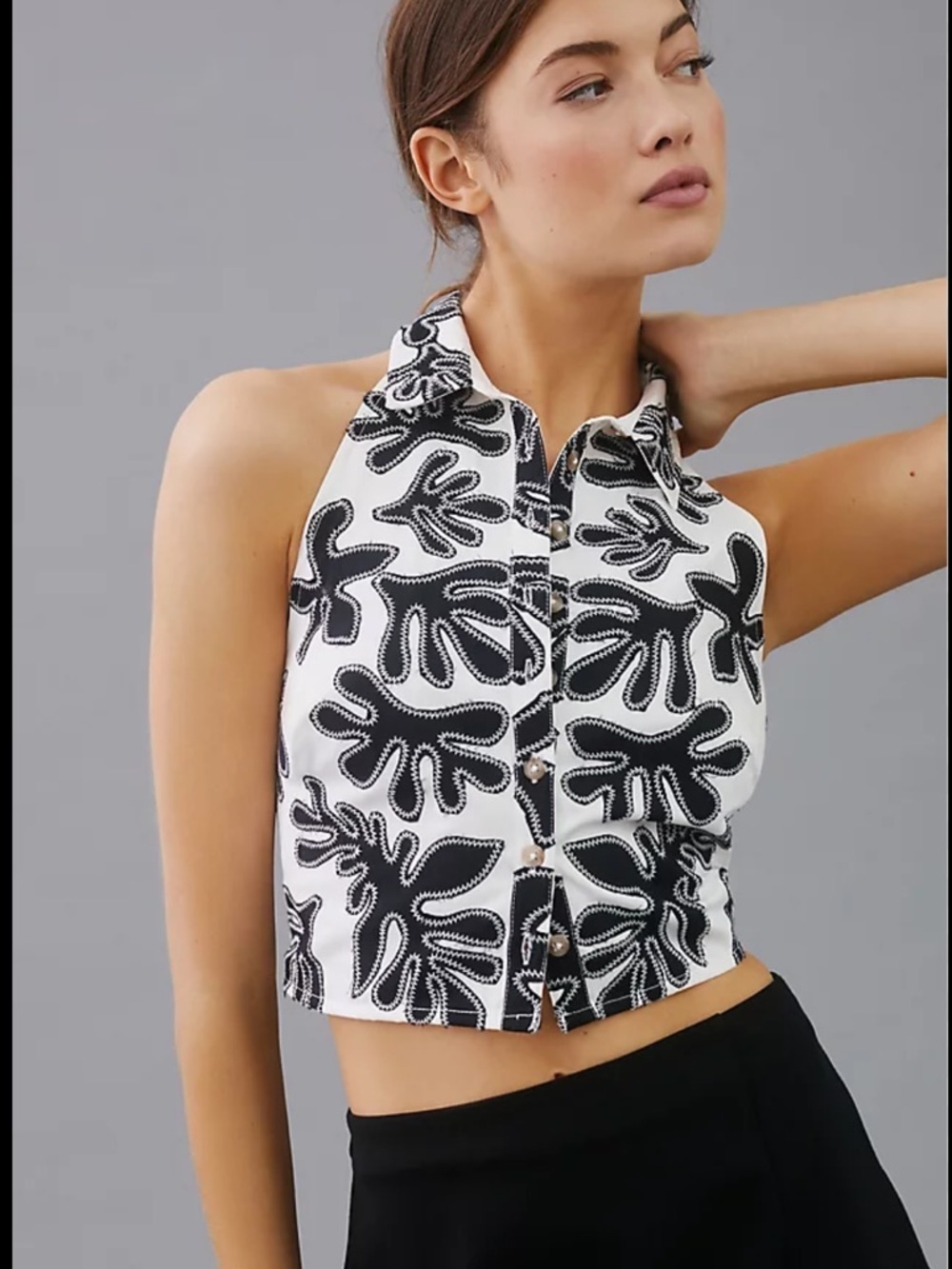 Pilcro Anthropologie Deco White with Black Leaf Embroidered Halter Top US 6 $128